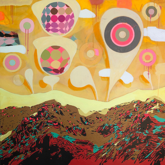 abstract painting with yellow sky and brown mountains