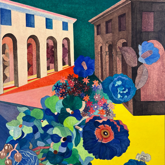 painting of flowers and buildings