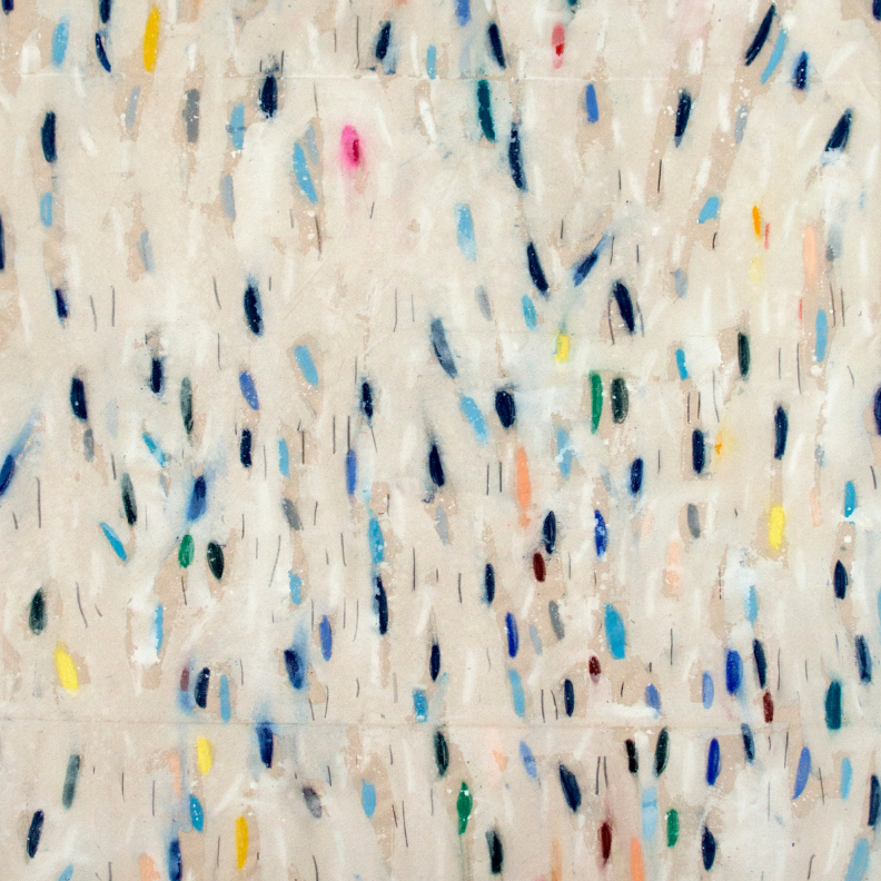 abstract painting with white background and multi-colored speckles