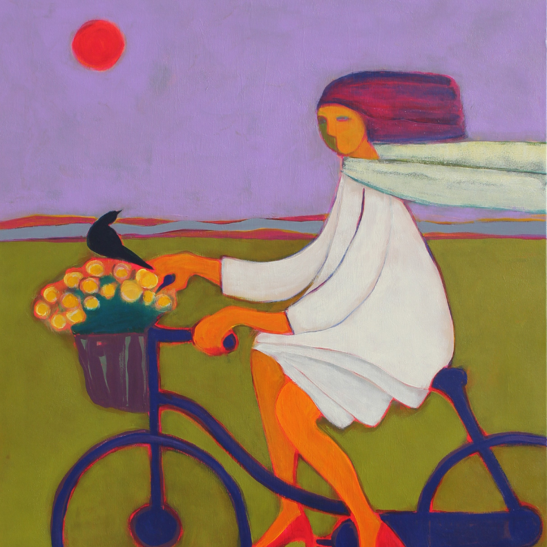 painting of a woman on a bicycle