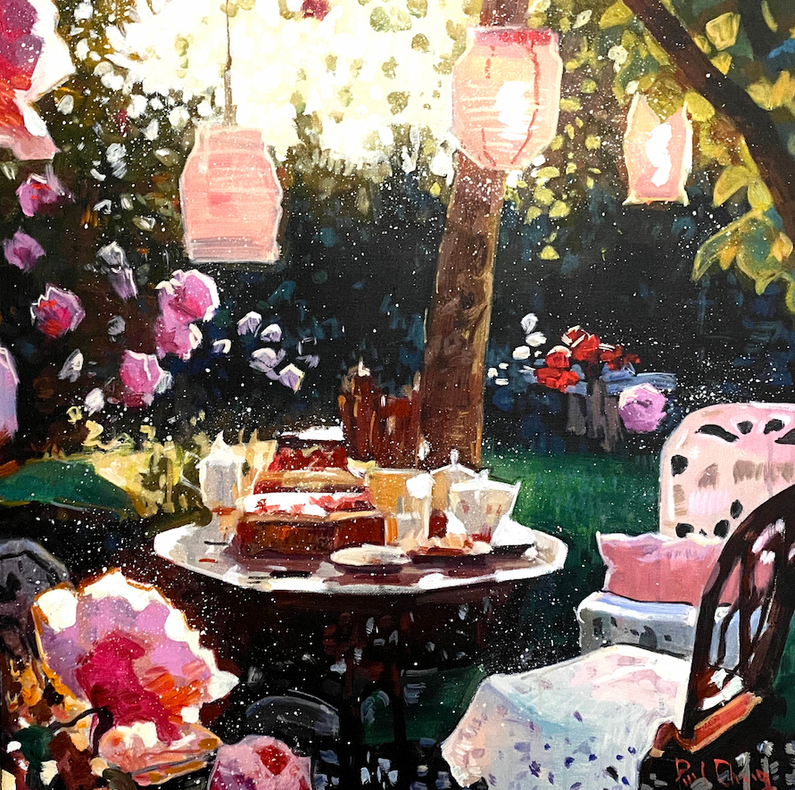 painting of woman in a chair with flowers