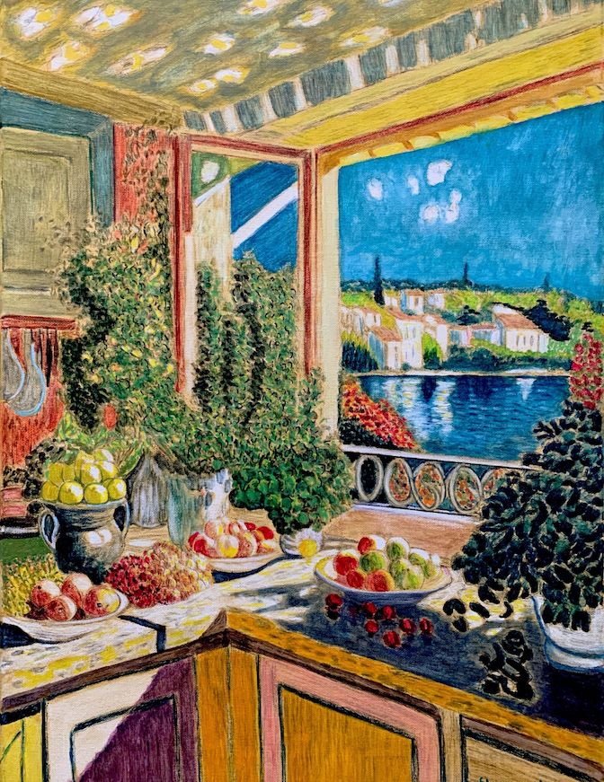 painting of a kitchen overlooking a lake