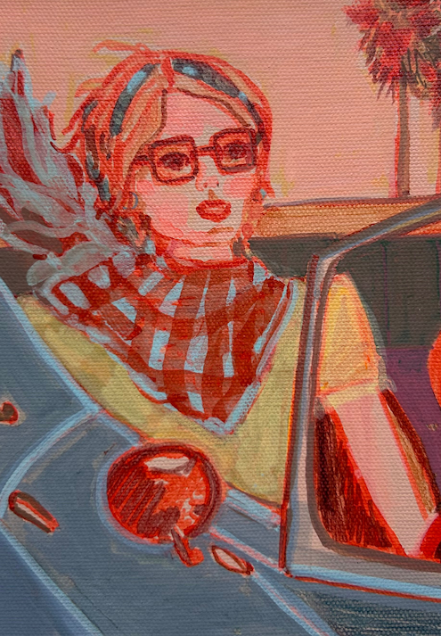 painting of woman in a convertible car