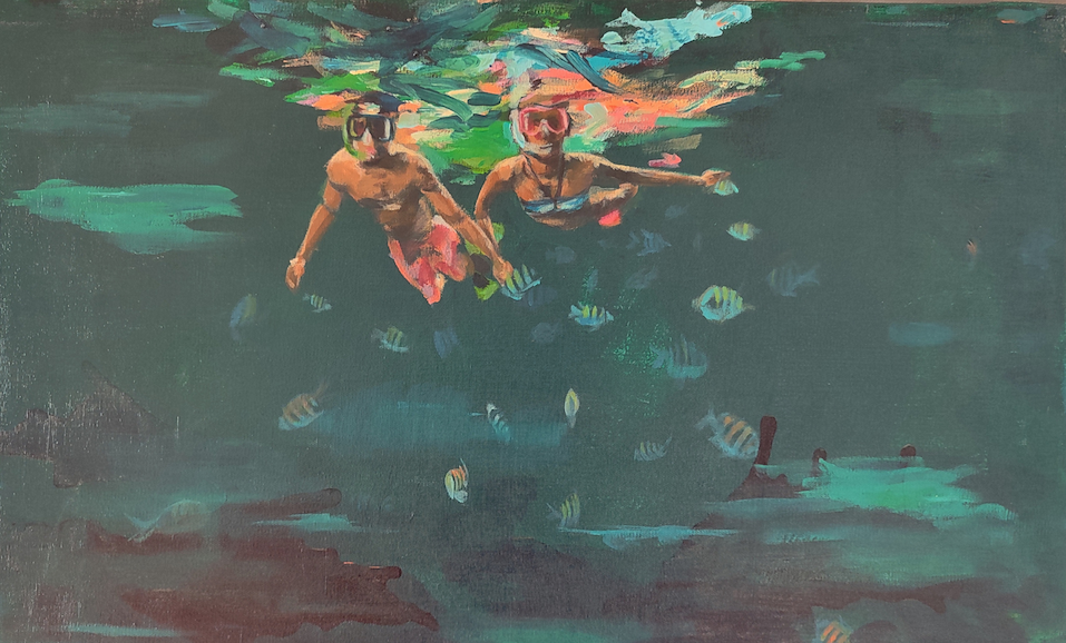 painting of snorkelers underwater
