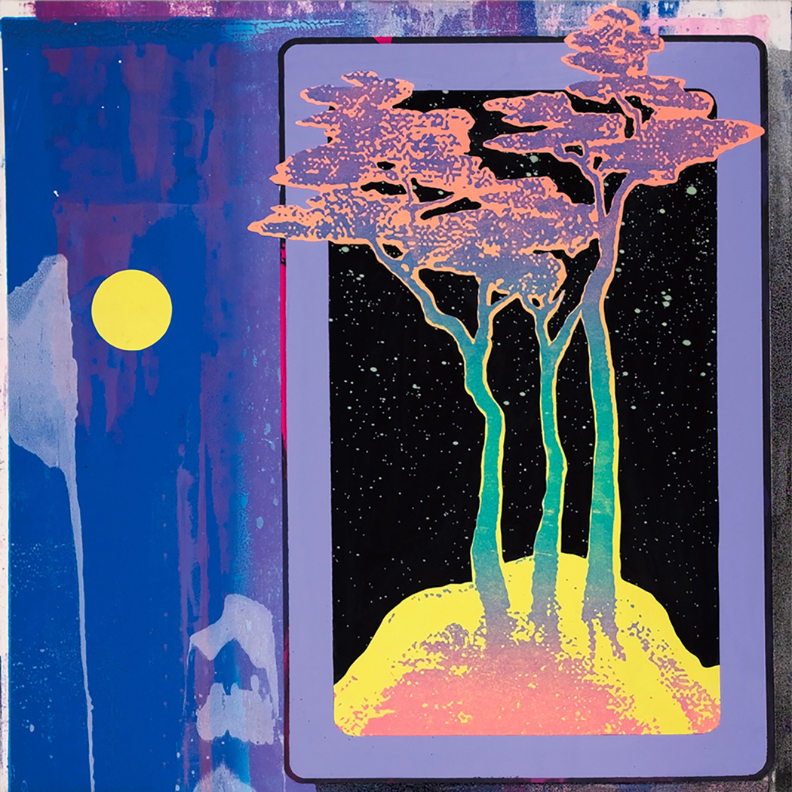 purple and blue painting with a tree