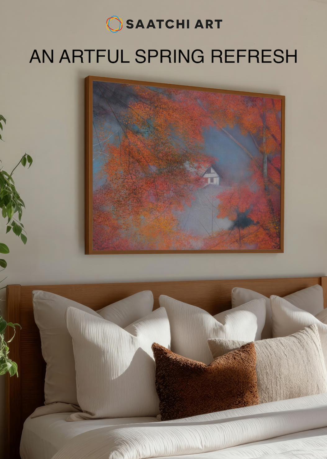 bedroom with art on walls