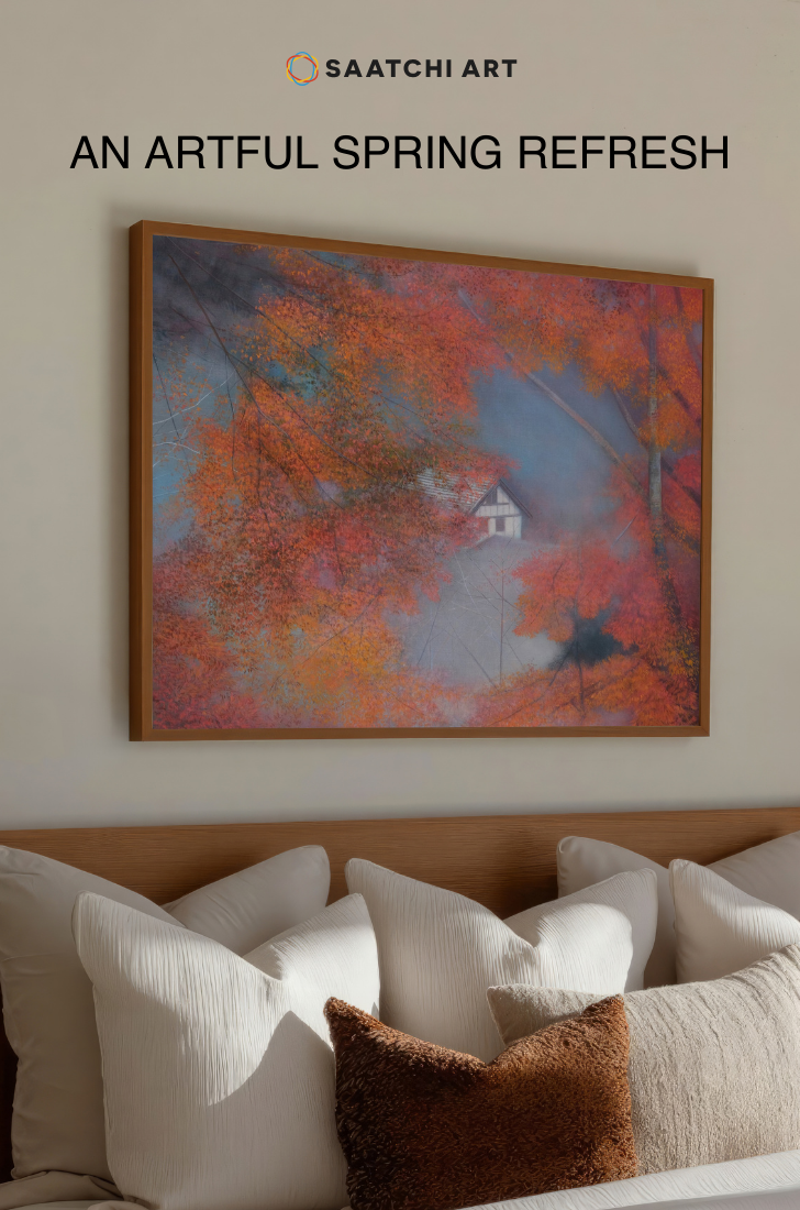 bedroom with art on walls