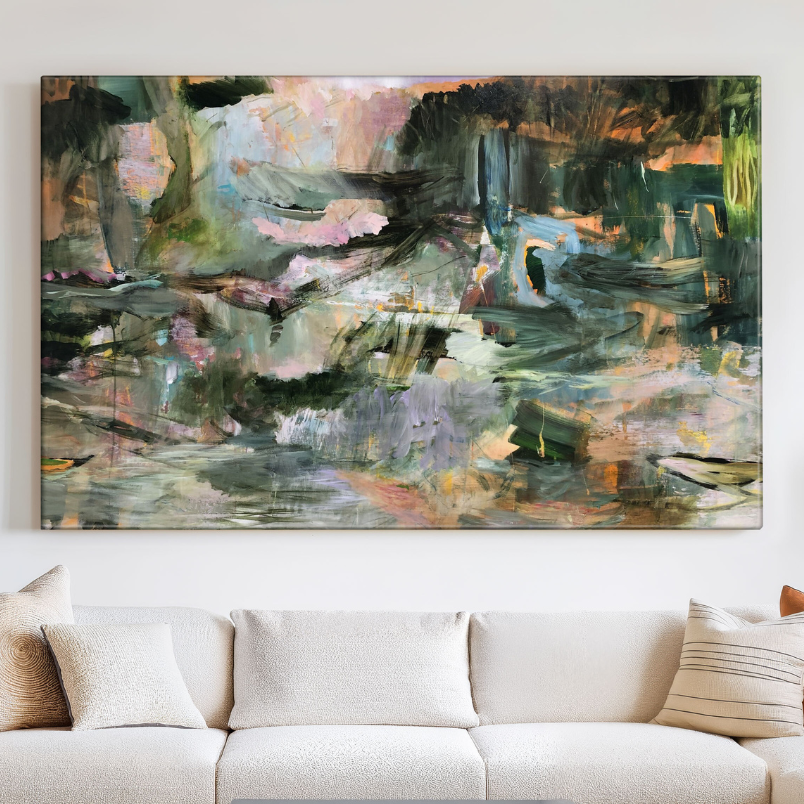 couch in a living room with large abstract painting