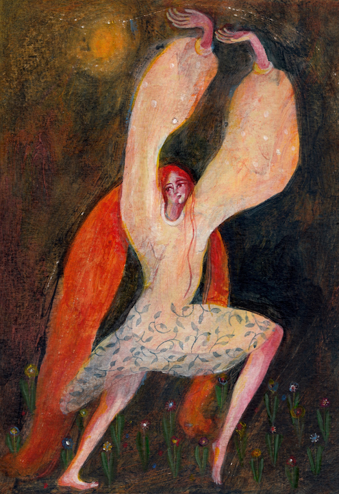 painting of a woman holding up the sky