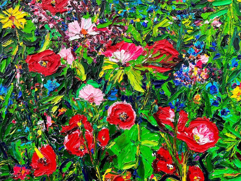 painting of flowers in green and pink