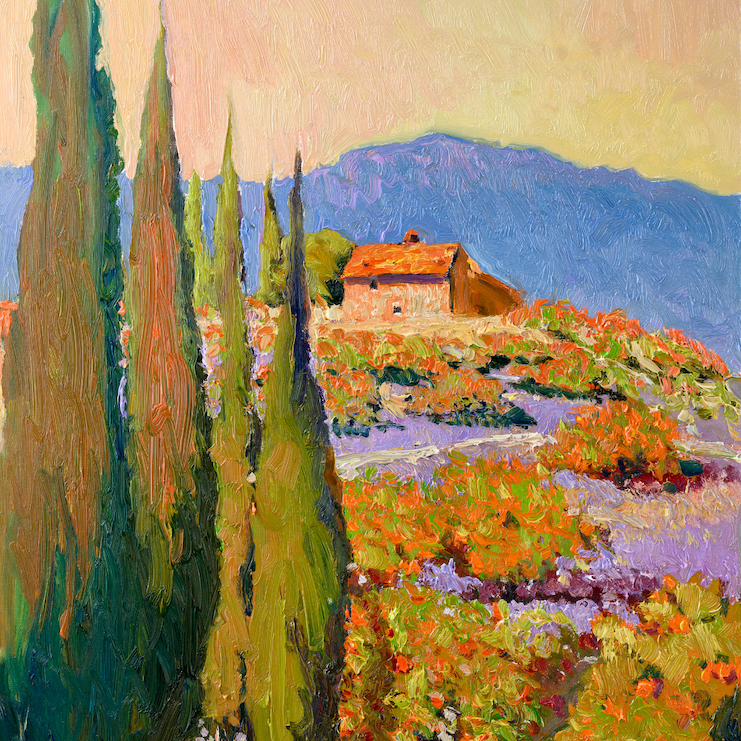 painting of hillside with flowers