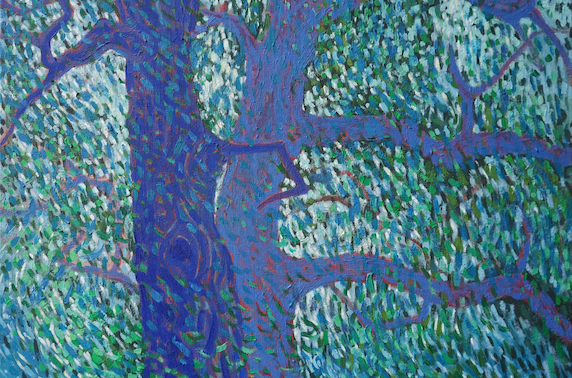 painting of trees in blues and greens