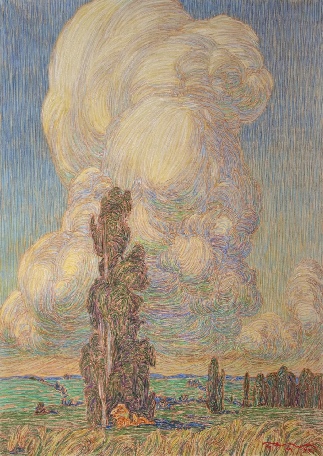 painting of a field with clouds