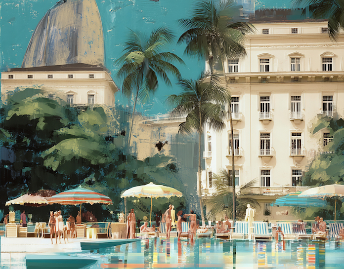 painting of people at a pool