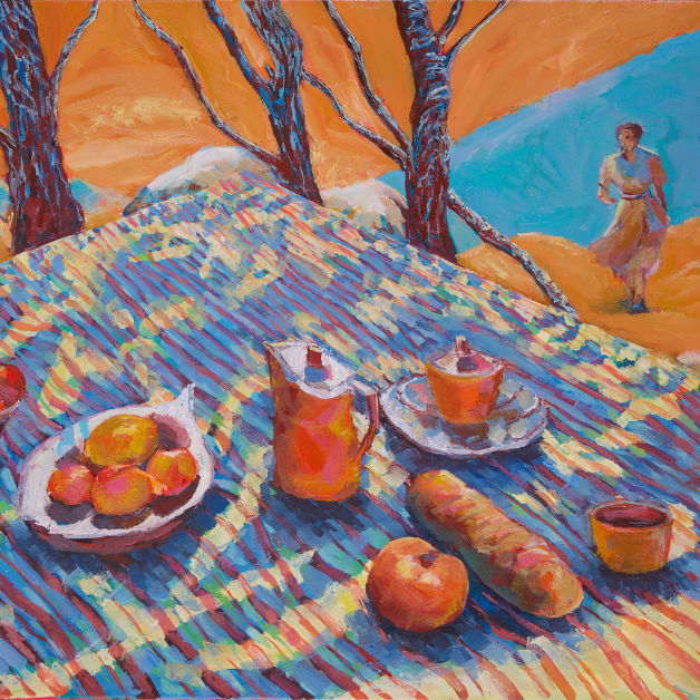 orange and blue painting of a tablescape
