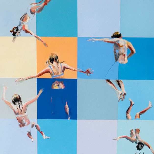 painting of people jumping into water