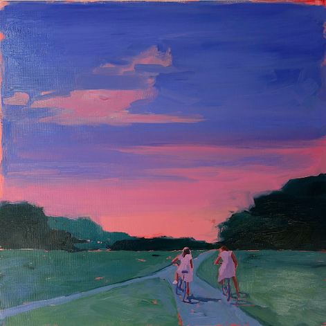 girls on bikes at sunset painting