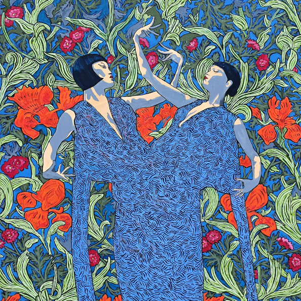 abstract patterned painting of two women
