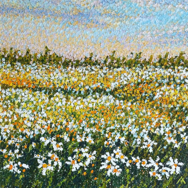 pointillist landscape of a field with flowers