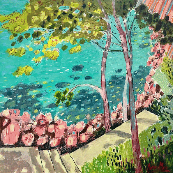 painting of a beach and cliff