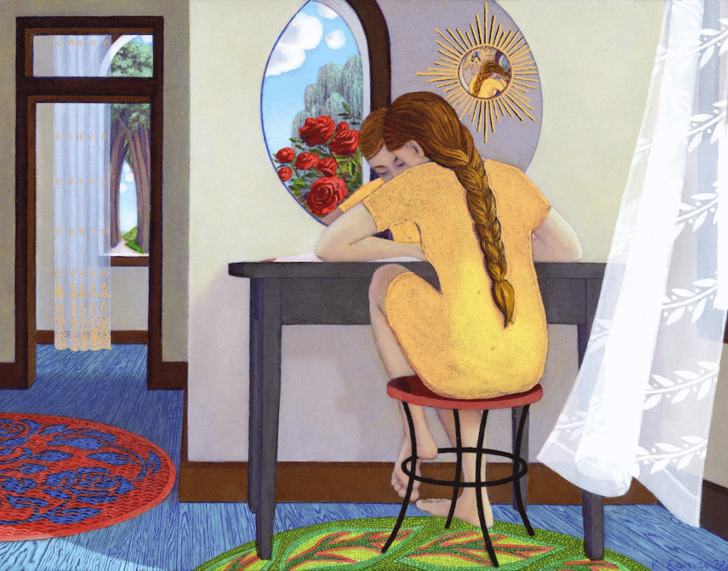 painting of a woman at a desk