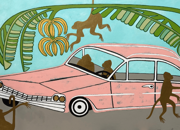 painting of a pink car with monkeys