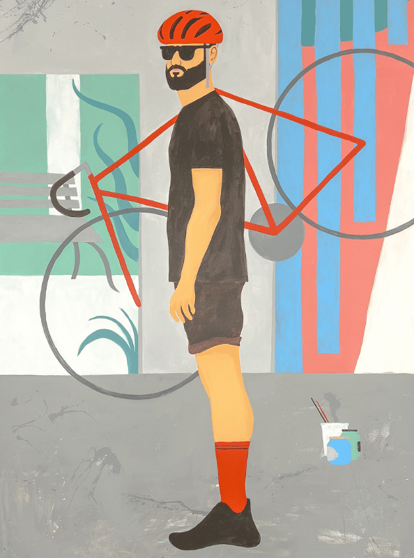 painting of a man with a bike
