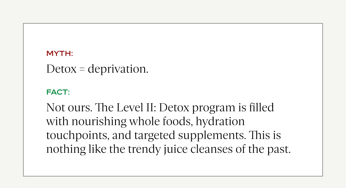 Myth: Detox = Deprivation. Not ours. Fact: The Level II: Detox program is filled with nourishing whole foods, hydration touchpoints, and targeted supplements. This is nothing like the trendy juice cleanses of the past.