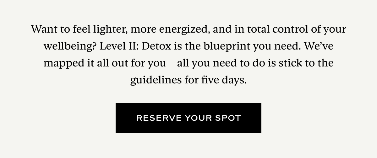 Want to feel lighter, more energized, and in total control of your wellbeing? Level II: Detox is the blueprint you need. We’ve mapped it all out for you—all you need to do is stick to the guidelines for five days.