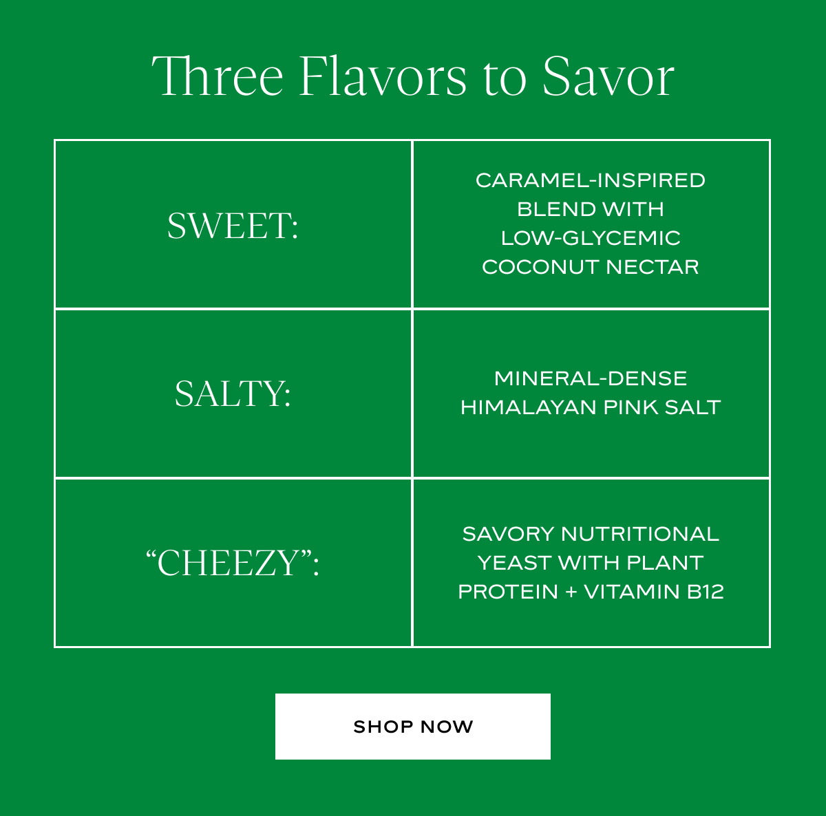 Three Flavors to Savor: Sweet, Salty, "Cheezy"