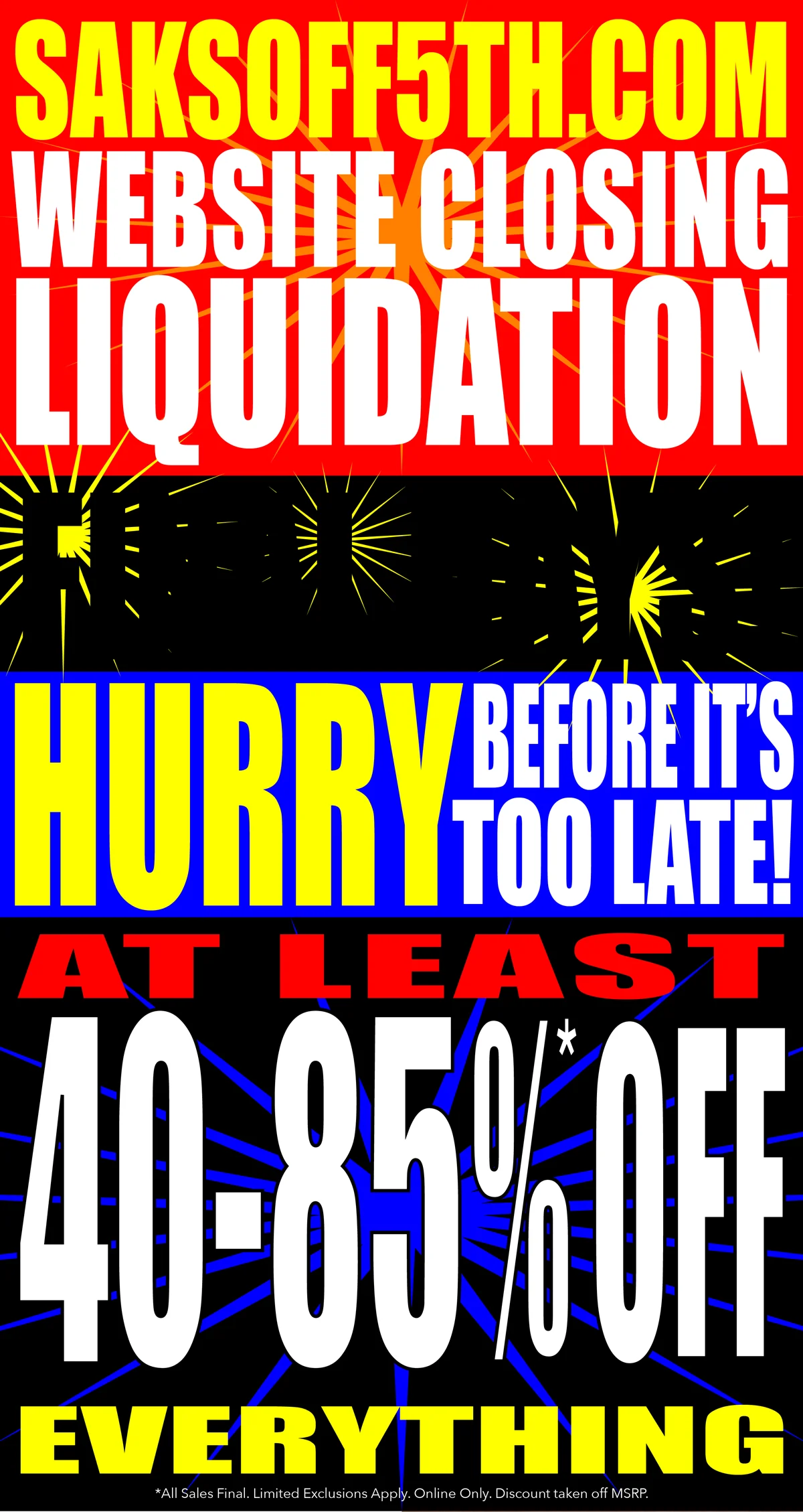 THE CLOCK IS TICKING! AT LEAST 40-85% OFF SITEWIDE DURING OUR FINAL DAYS!