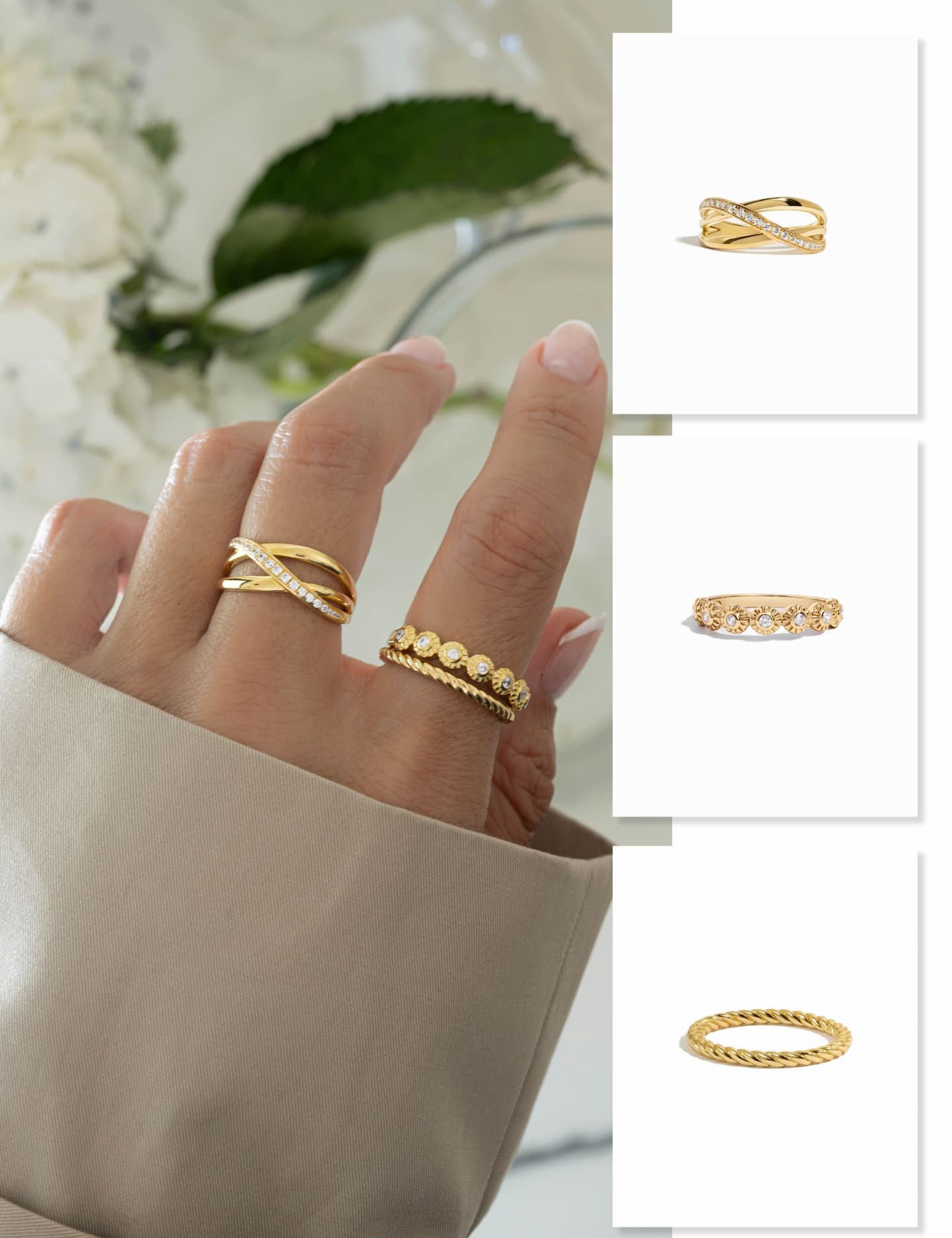 two band x ring with other dainty gold rings