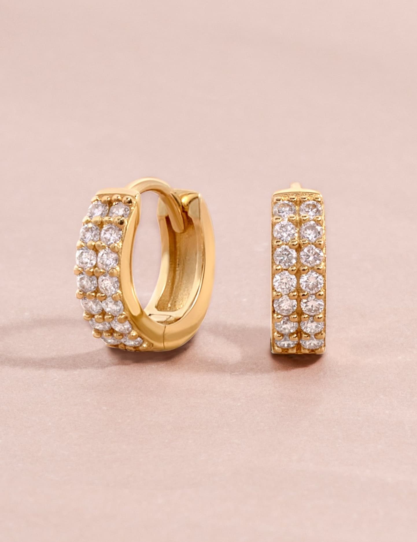 14k solid gold two row huggies with lab grown diamonds