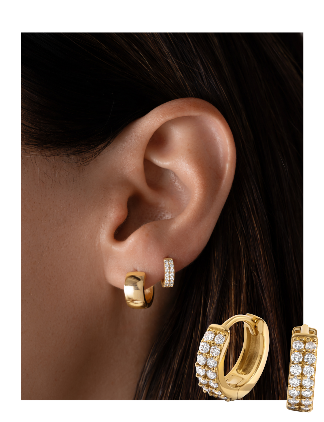 14k solid gold two row huggies with lab grown diamonds