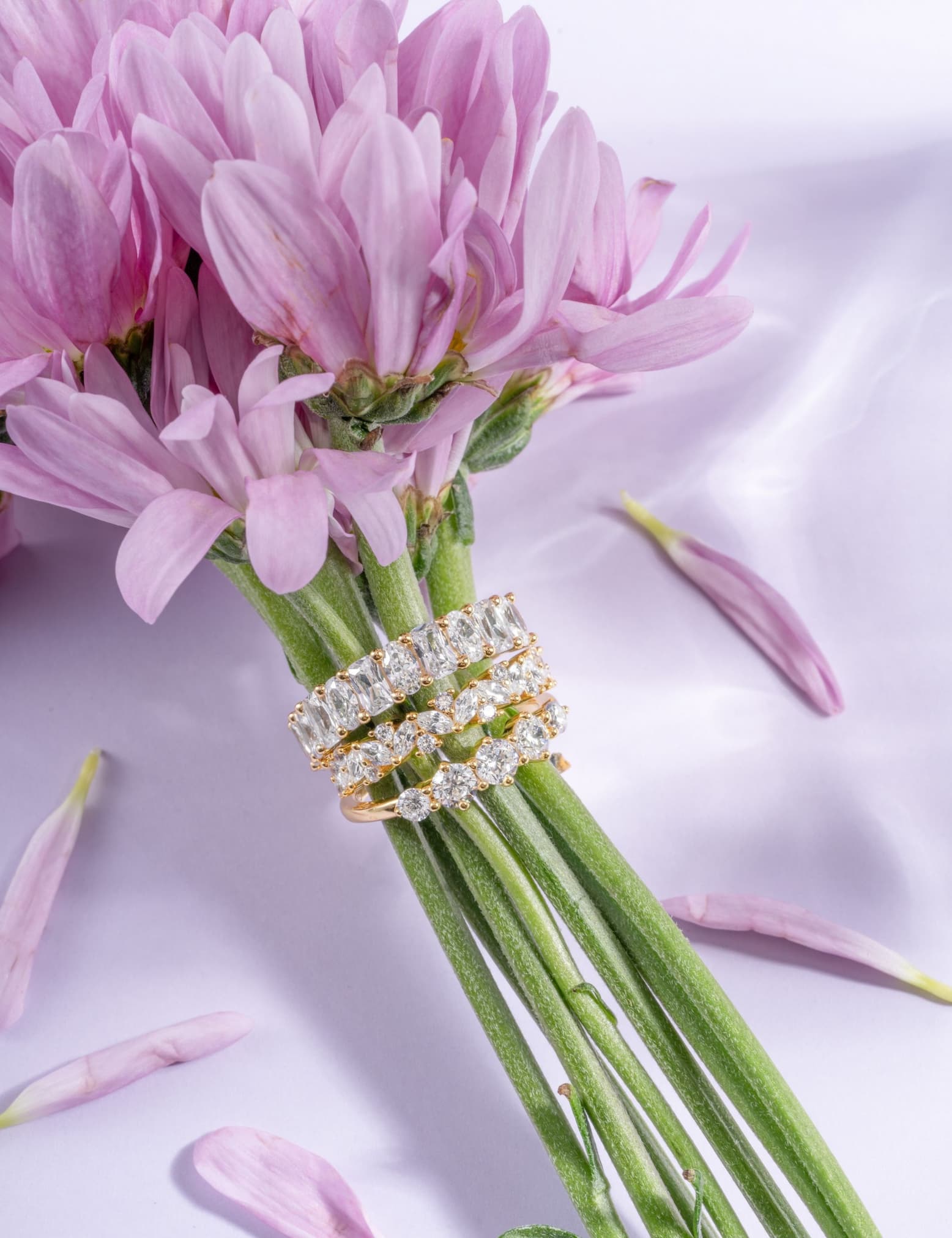iris ring on purple flower bouqet