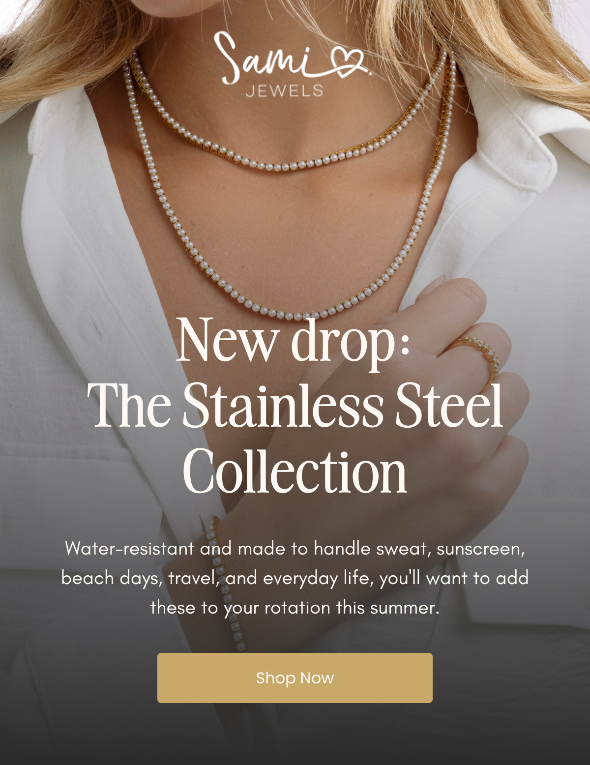 Model wearing layered stainless steel pearl necklaces from Sami Jewels — new summer drop