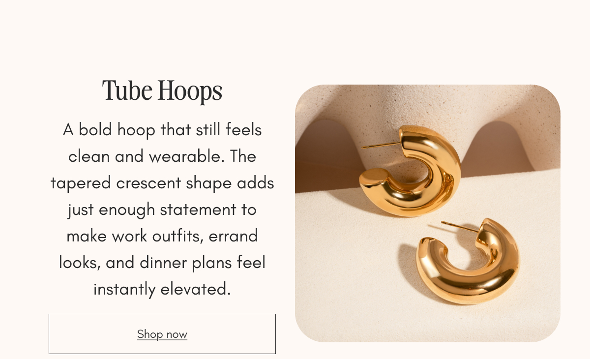 Tube Hoops product section showcasing chunky gold tapered hoop earrings with product description highlighting their bold yet wearable design and Shop now button
