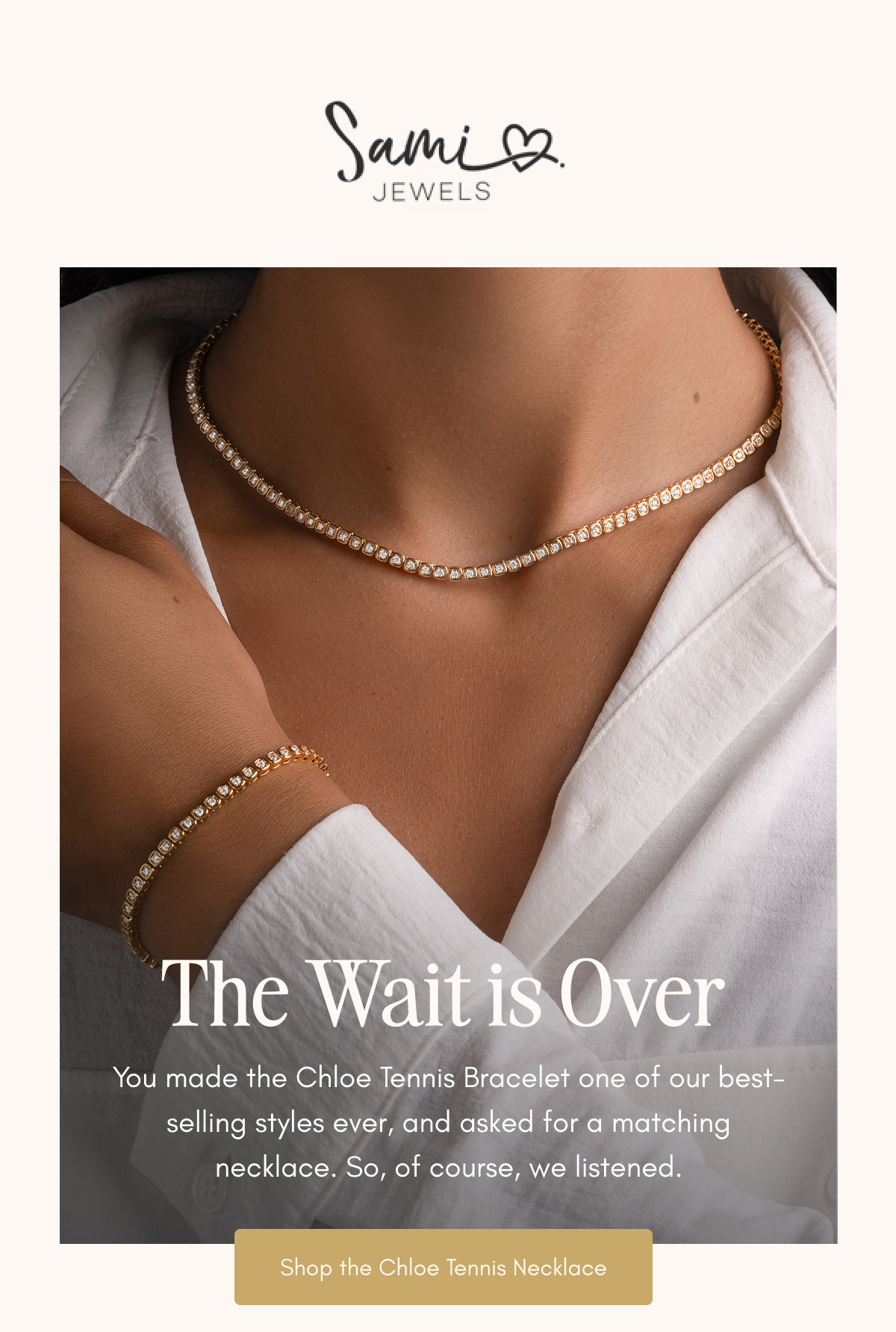Woman wearing the gold Chloe Tennis Necklace and matching bracelet — The Wait is Over. Shop the Chloe Tennis Necklace.