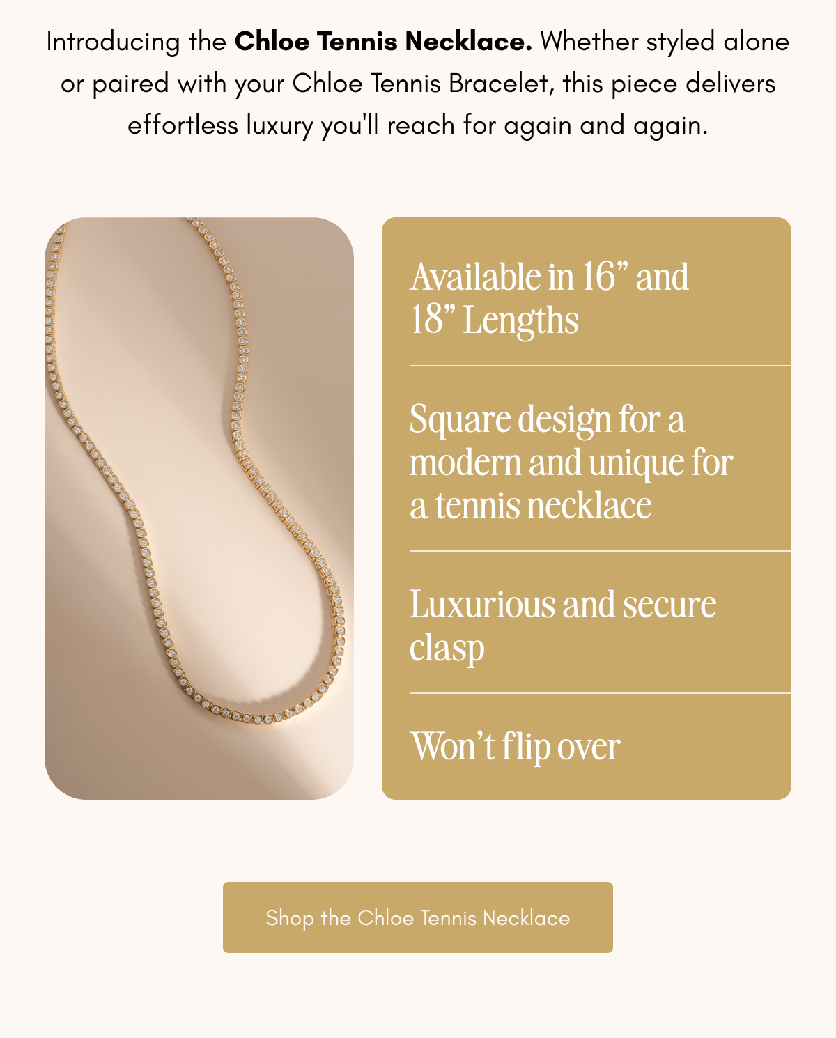 Gold Chloe Tennis Necklace, available in 16" and 18" — square design, secure clasp, won't flip over. Shop now.