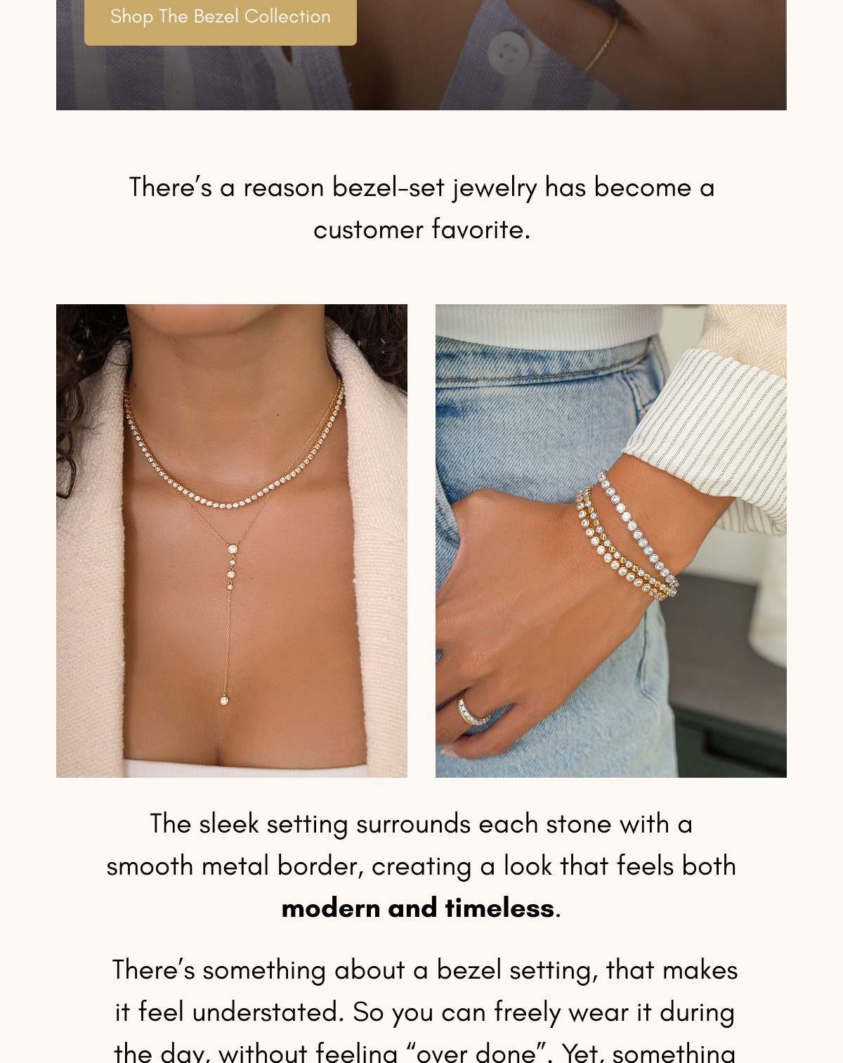 Models showcasing sleek, modern gold bezel necklaces and stacked bracelets.