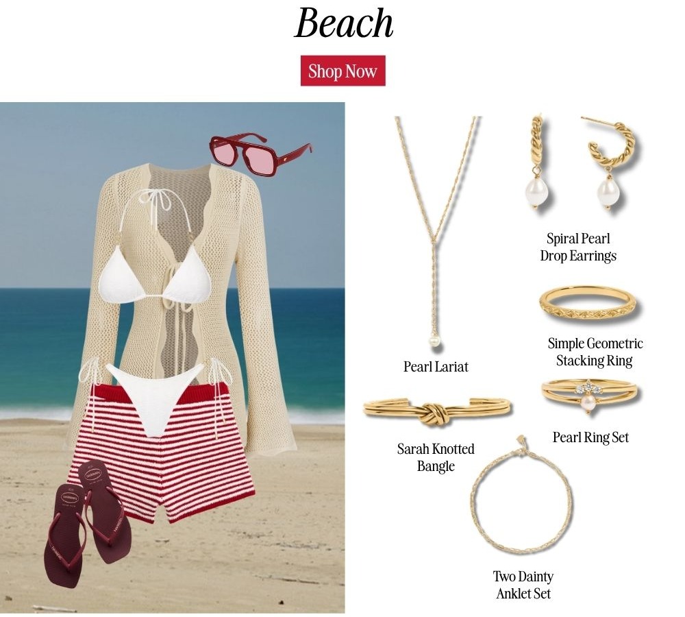 Beach look — pearl lariat, spiral pearl drop earrings, pearl ring set, Sarah knotted bangle, and dainty anklets.