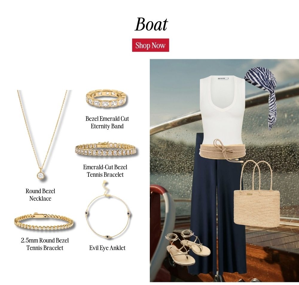 Boat look — round bezel necklace, emerald-cut eternity band, tennis bracelets, and evil eye anklet.