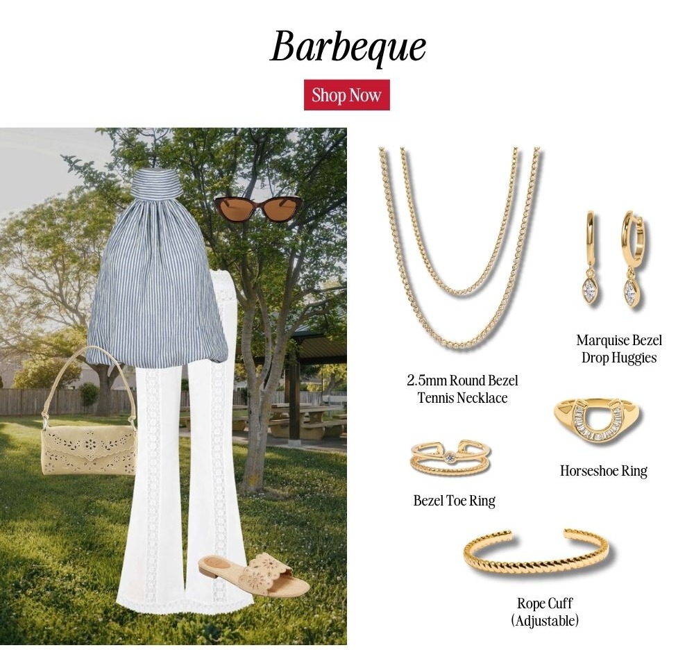 Barbeque look — tennis necklace, marquise drop huggies, horseshoe ring, toe ring, and adjustable rope cuff.