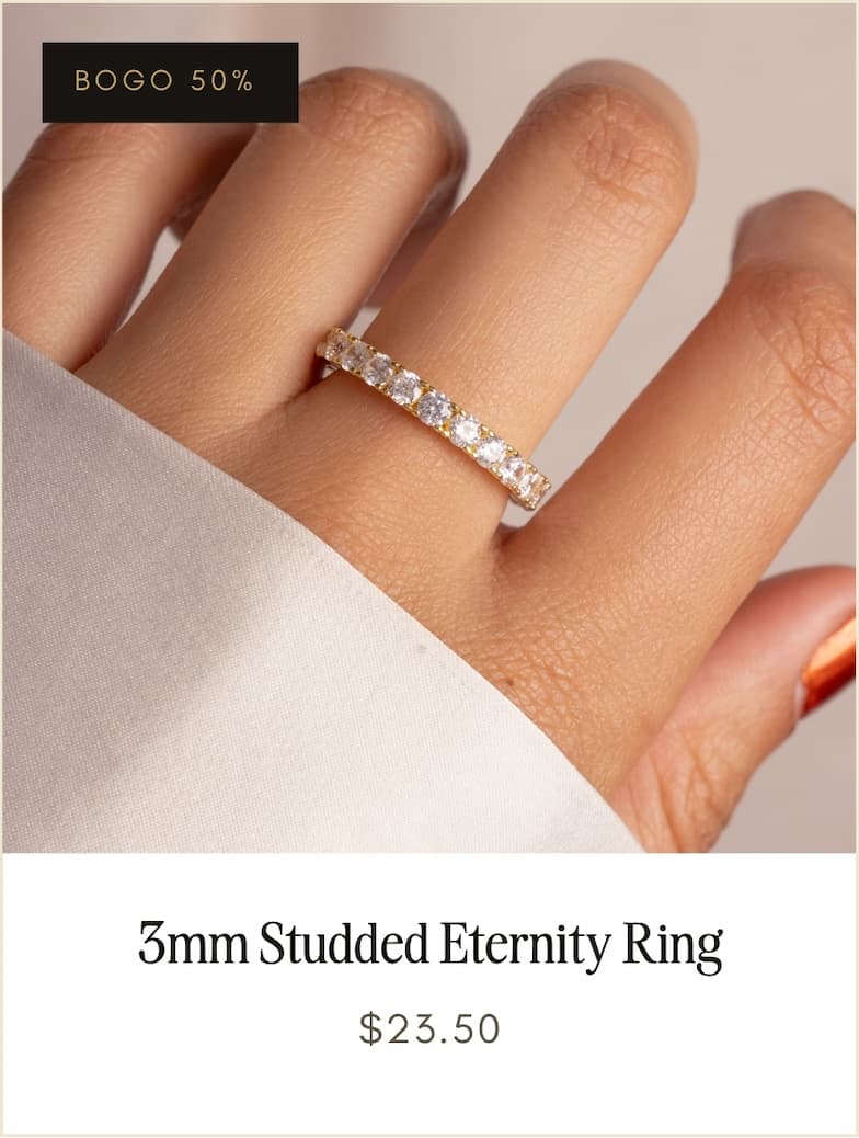 3mm Studded Eternity Ring on a hand, BOGO 50% off, $25.50