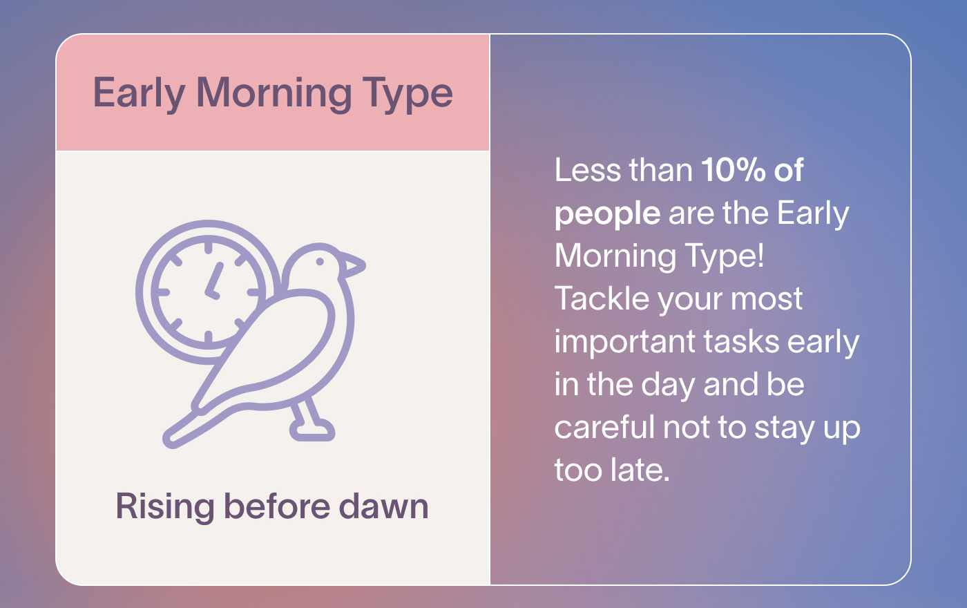 Early Morning Type Rising before dawn.  Less than 10% of people are the Early Morning Type! Tackle your most important tasks early in the day and be careful not to stay up too late.