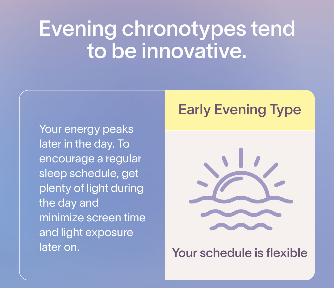 Evening chronotypes tend to be innovative.  Early Evening Type Your schedule is flexible. Your energy peaks later in the day. To encourage a regular sleep schedule, get plenty of light during the day and minimize screen time and light exposure later on.