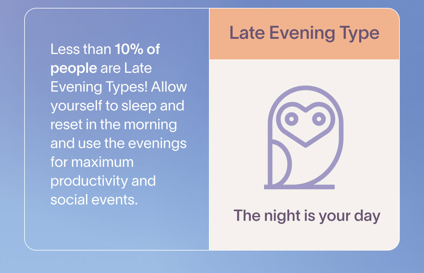 Late Evening Type The night is your day  Less than 10% of people are Late Evening Types! Allow yourself to sleep and reset in the morning and use the evenings for maximum productivity and social events.