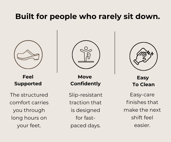 Built for people who rarely sit down. Feel Supported. Move Confidently. Easy To Clean.
