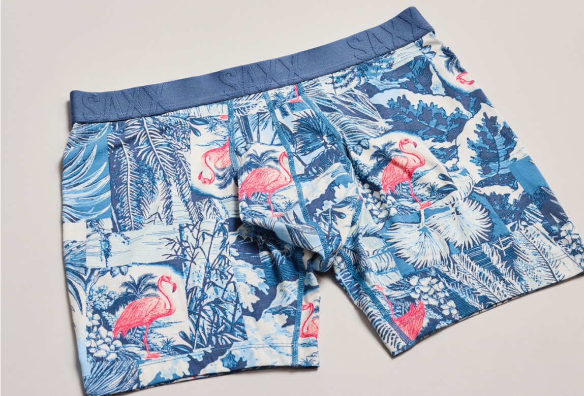 Blue tropical print SAXX boxer briefs with pink flamingo details