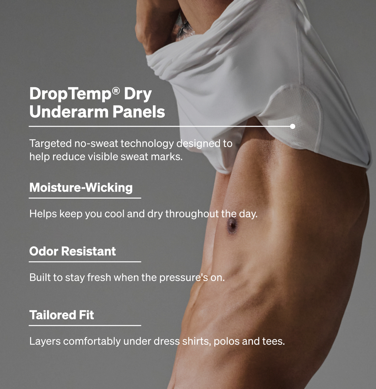 Model wearing a white performance tee highlighting DropTemp® Dry underarm panels, moisture-wicking fabric, odor resistance, and a tailored fit.